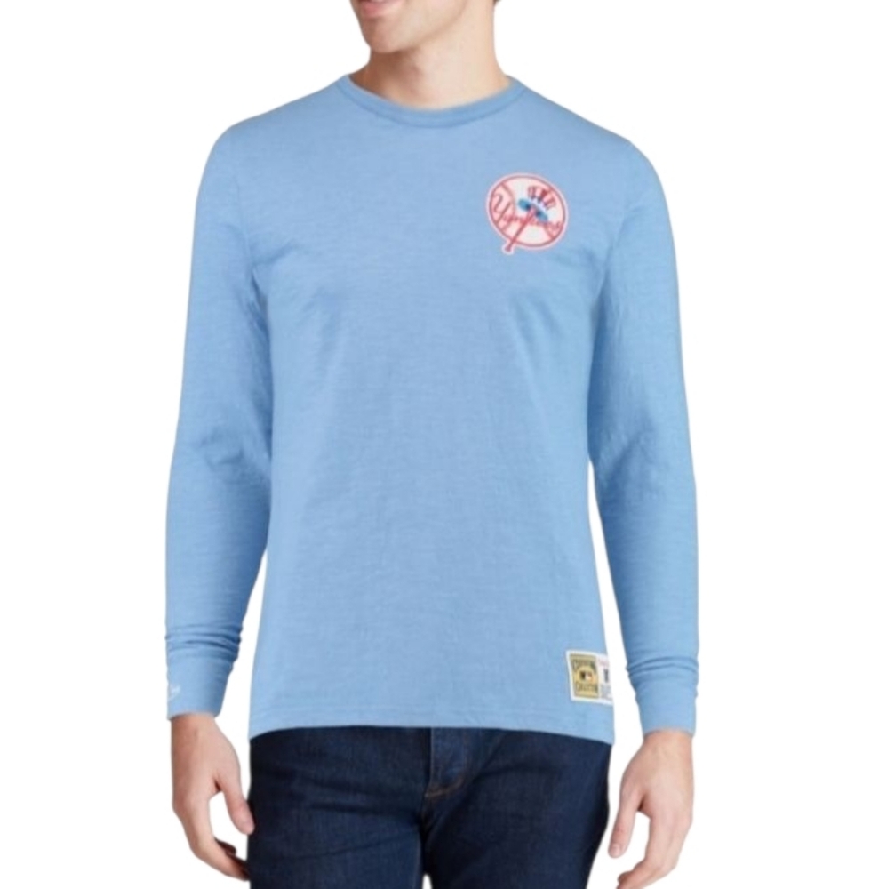 Mitchell & Ness Men's NY Yankees Cooperstown Slub Logo LS Shirt Blue XL